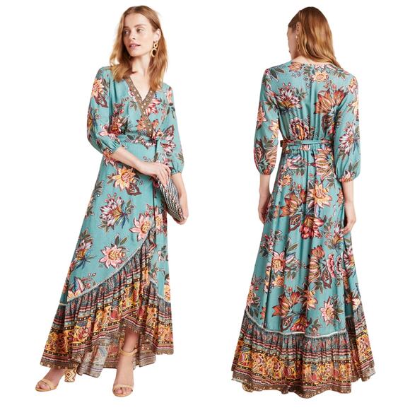 Farm Rio Dress Womens XS Blue Brown Viera Floral Wrap Maxi Ruffle Boho Hippie - Picture 1 of 12